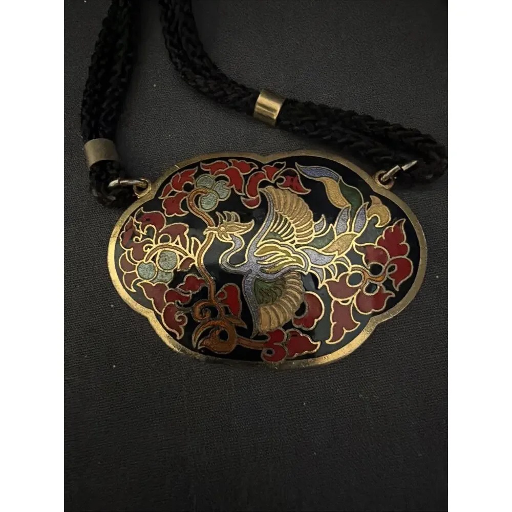 Vintage Cloisonné Brass Bird Pendant on Black Cord